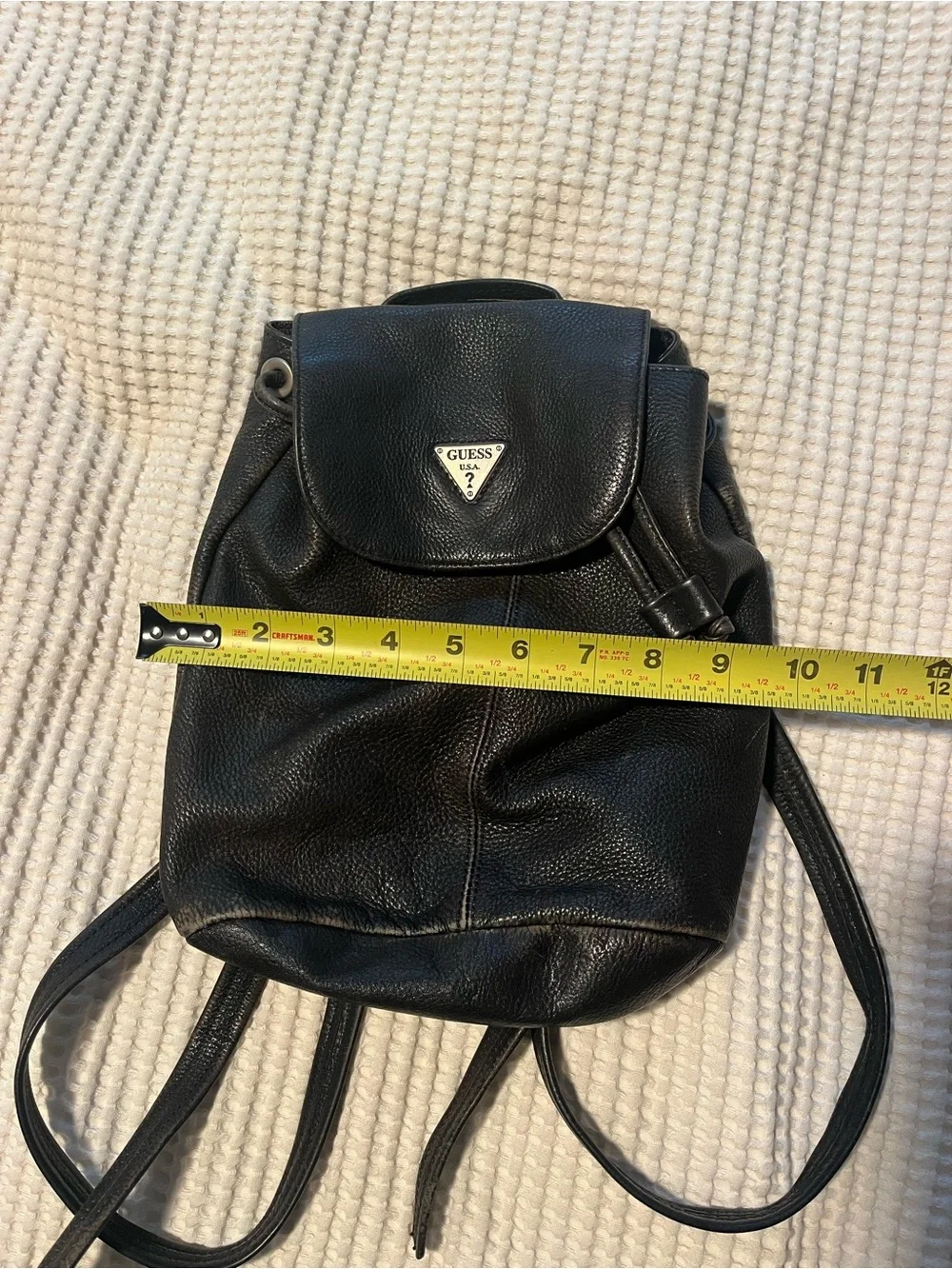 Guess Vintage Black Leather Drawstring Mini Backpack with Triangle Logo